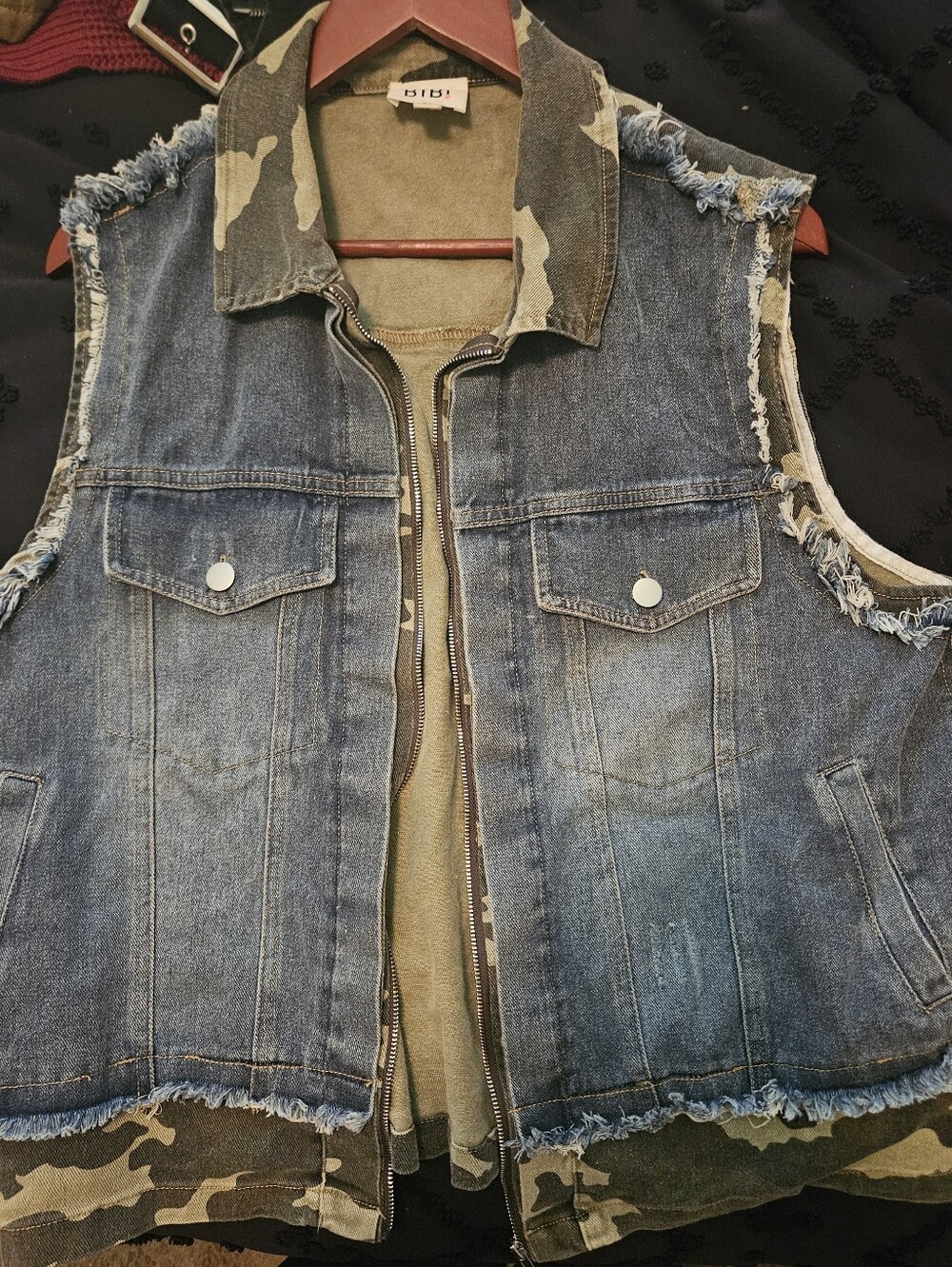 BiBi Green and Tan Camo Denim Vest